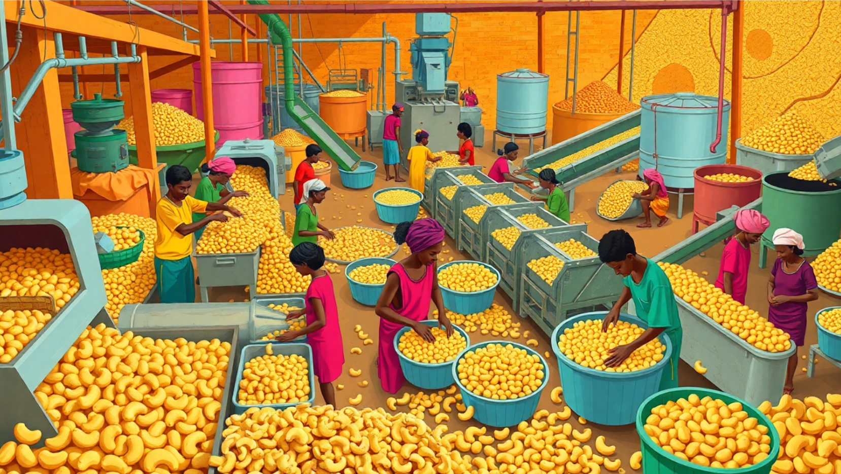 An illustration of a cashew nut processing facility in Sierra Leone