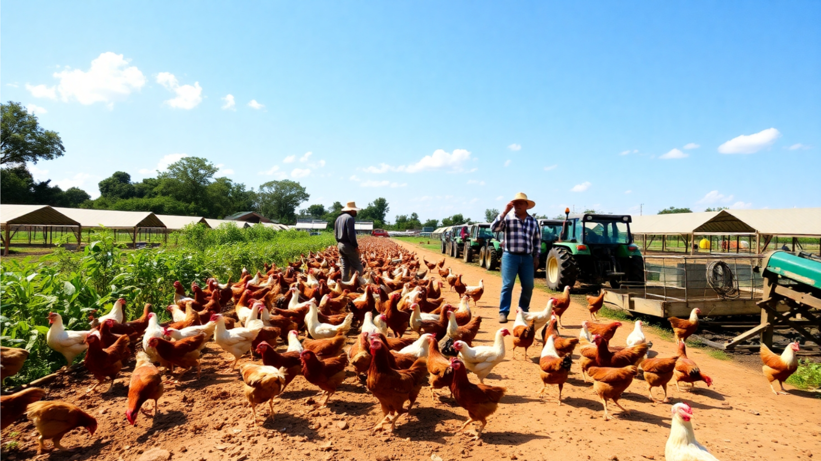 An illustration of a vibrant, successful poultry farm in Sierra Leone