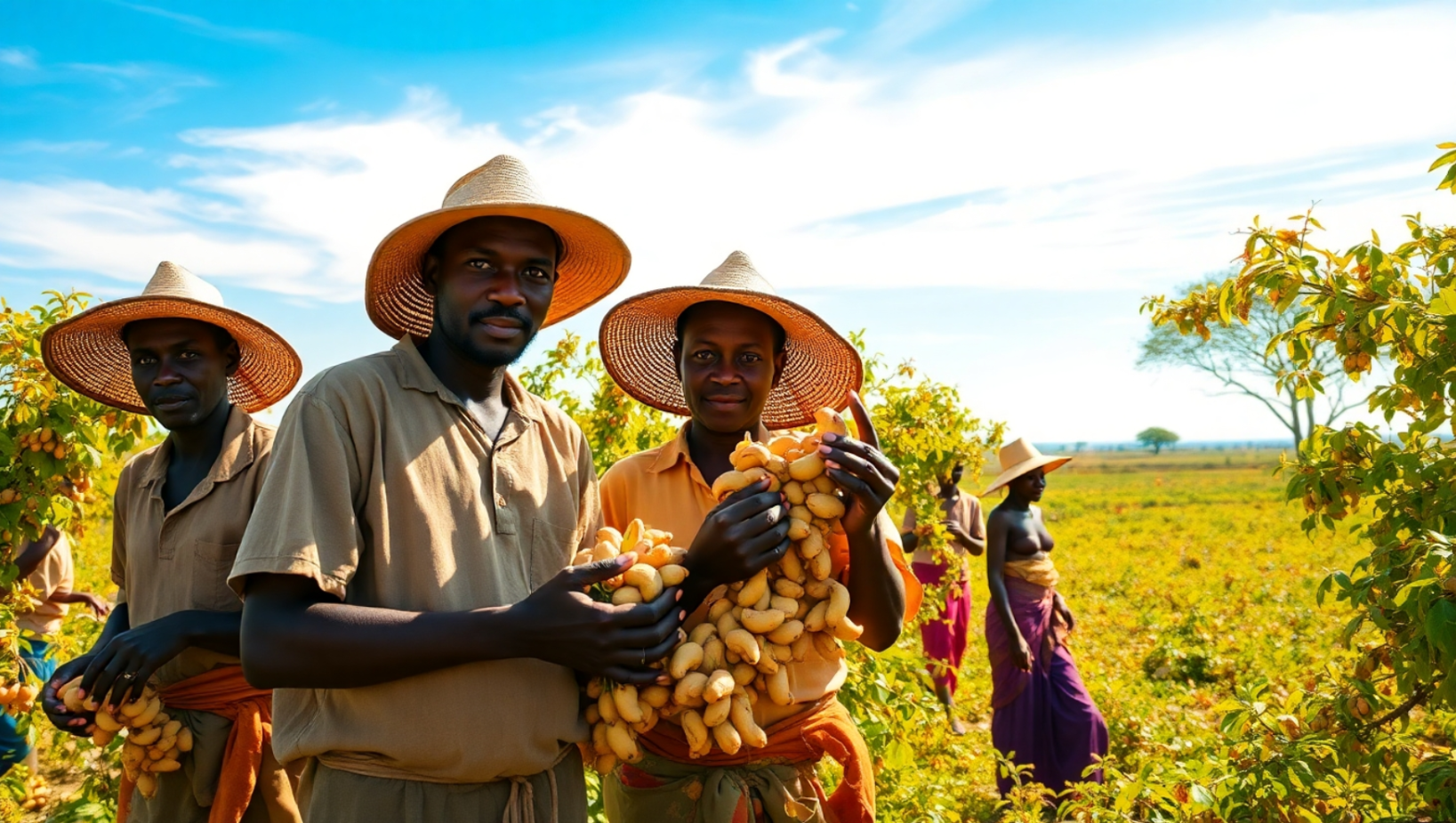 An illustration of cashew nut farming and harvesting in Sierra Leone