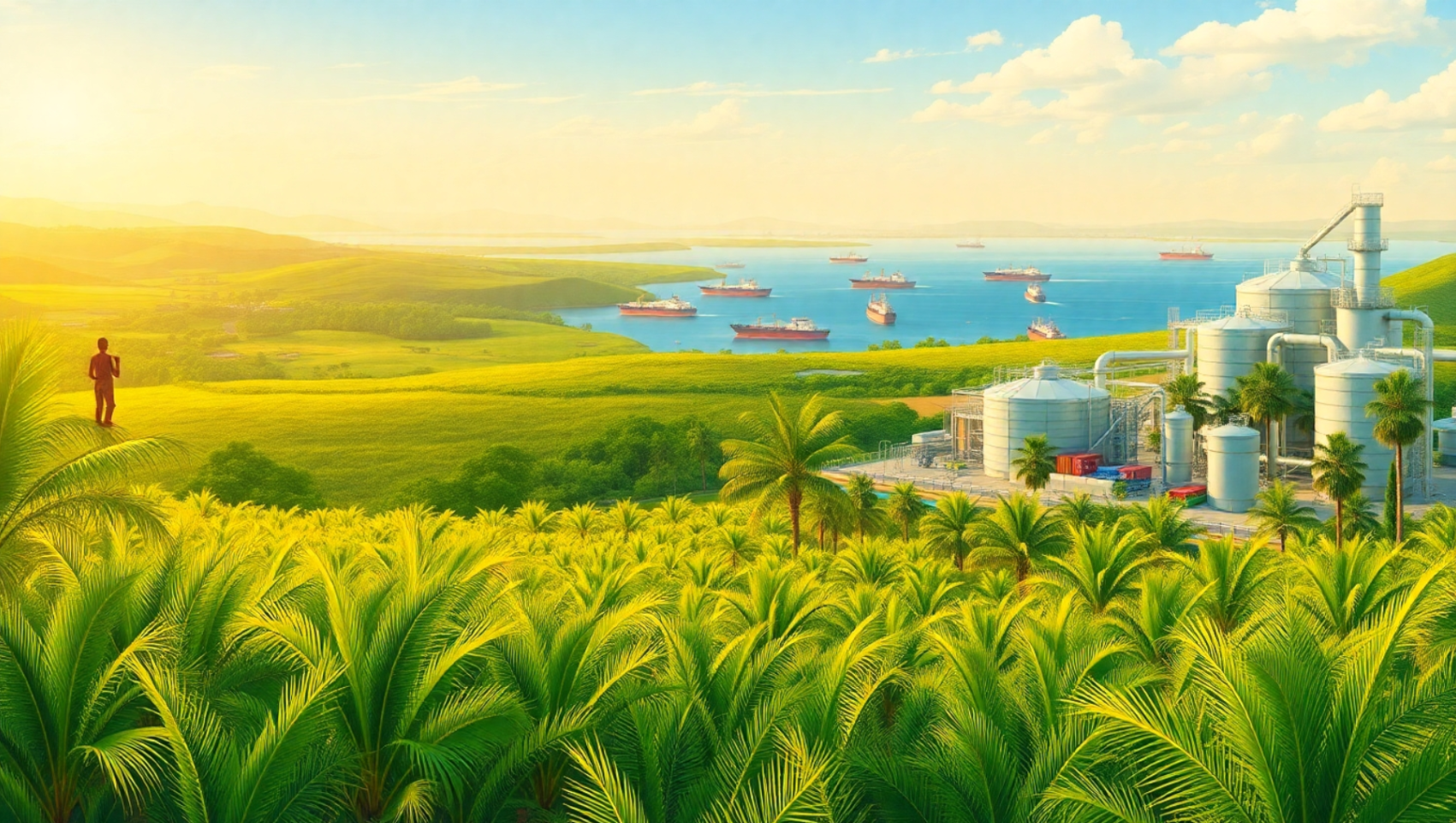 An illustration of a palm tree plantation and a refinery, i.e., investment opportunities