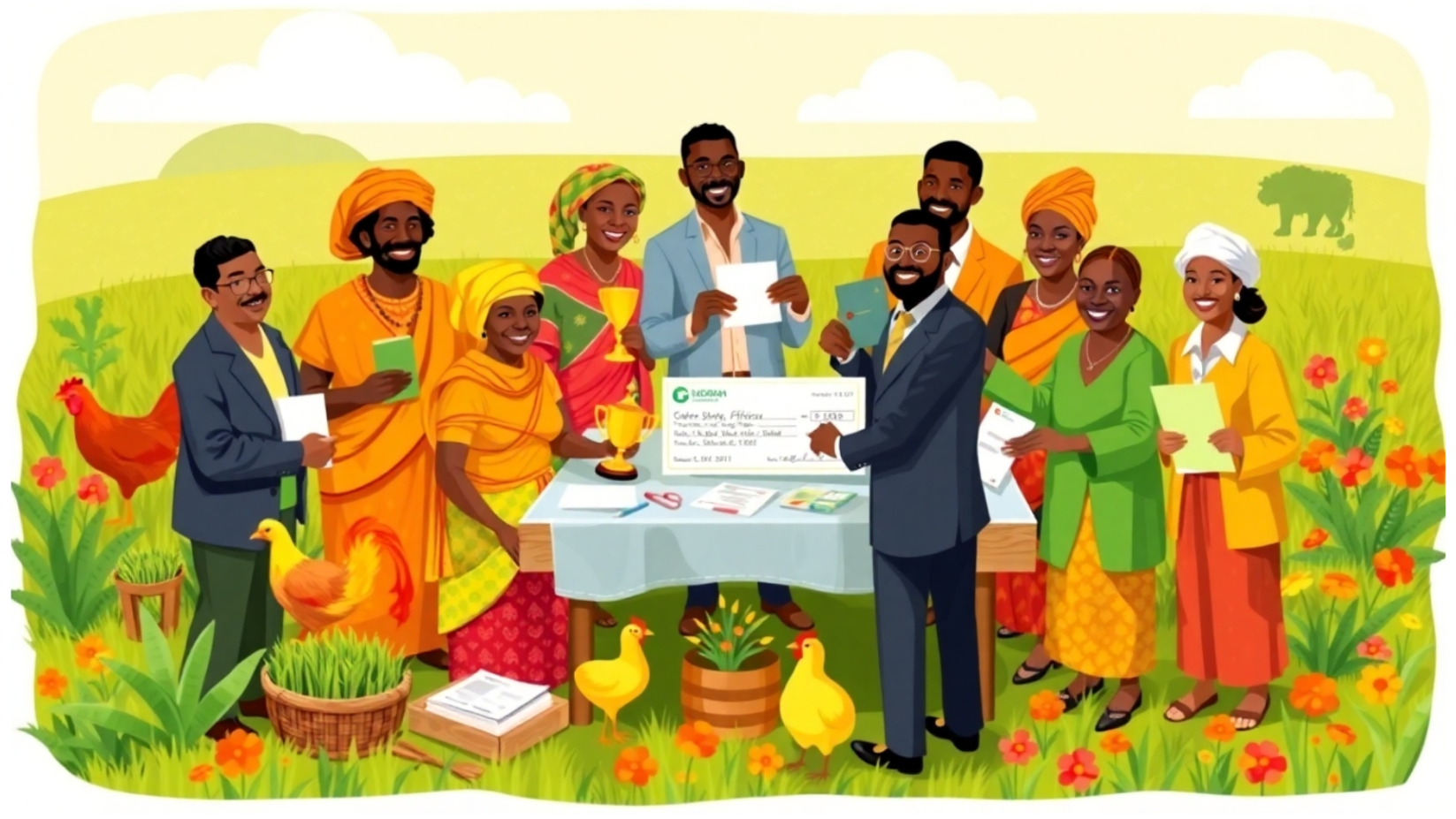 An illustration of poultry farmers in Sierra Leone receiving financing incentives