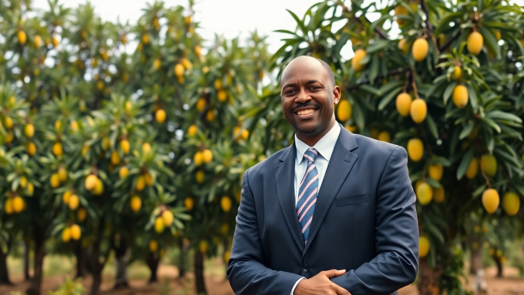 An illustration of a successful businessman investing in mango farming in Sierra Leone.