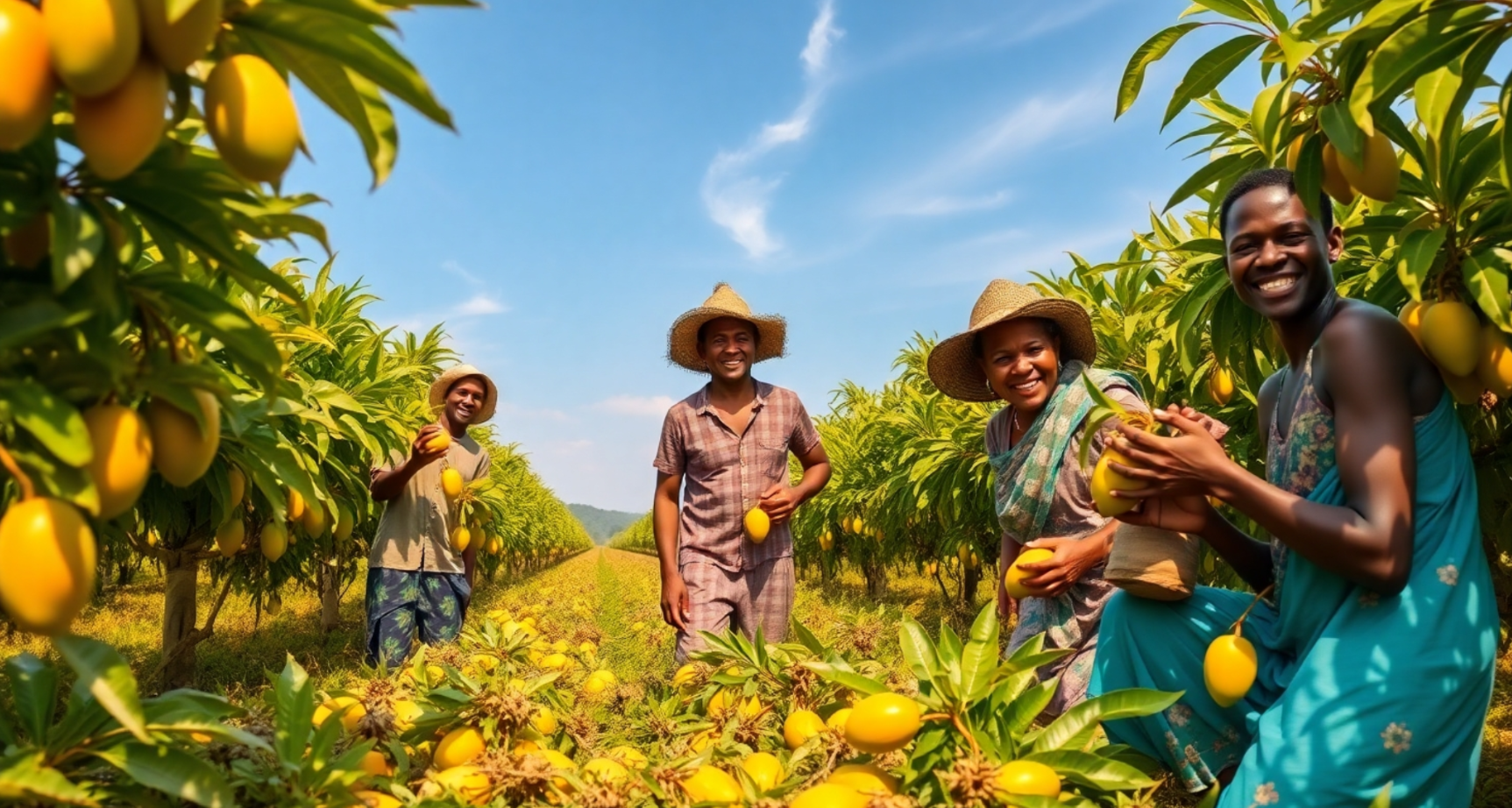 An illustration of farmers harvesting mangoes in Sierra Leone