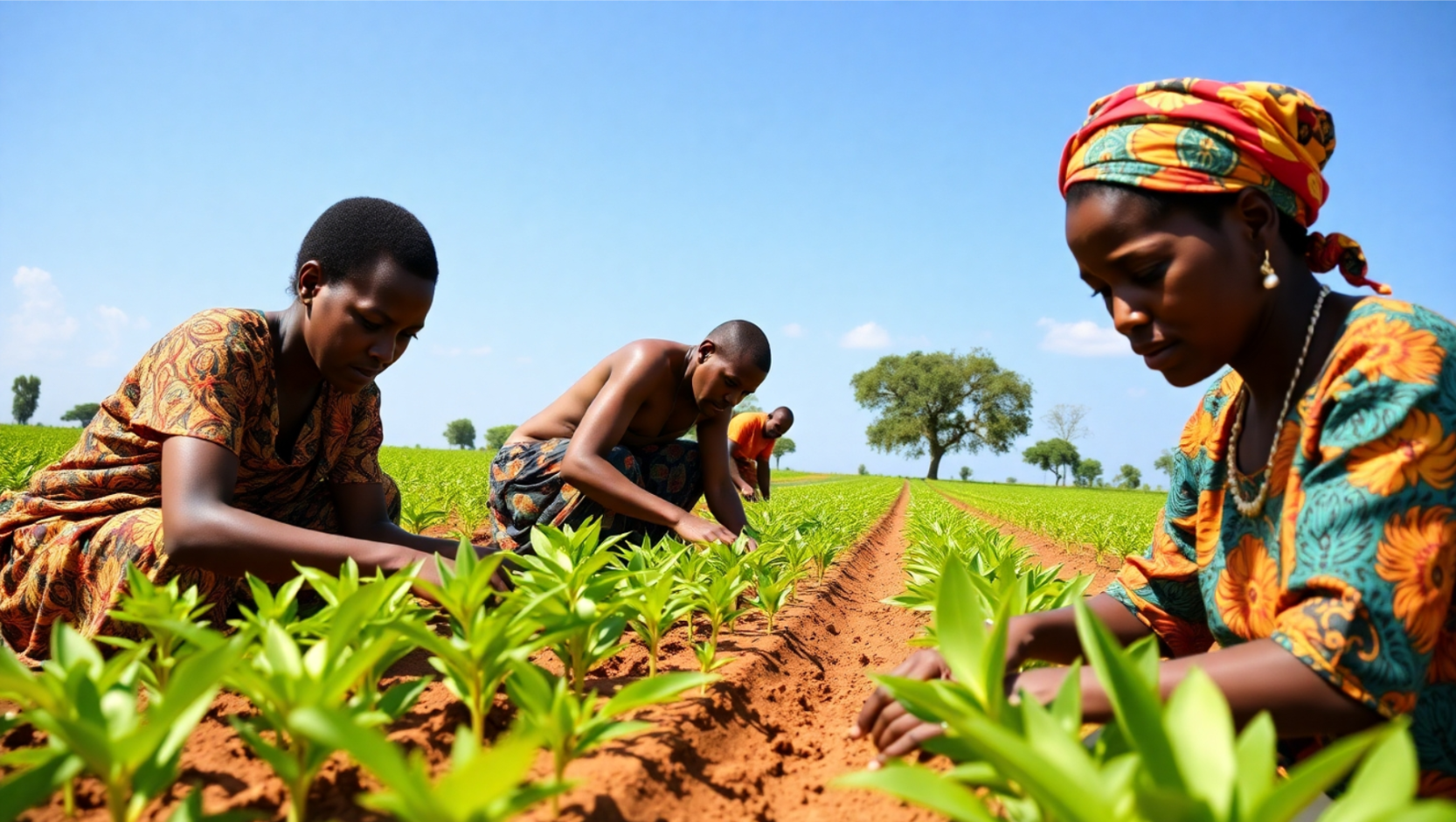 An illustration of farmers sowing and cultivating mango seedlings