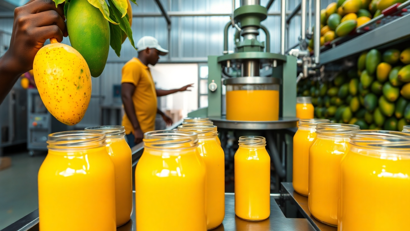 An illustration of the mango juice extraction process in a factory in Sierra Leone