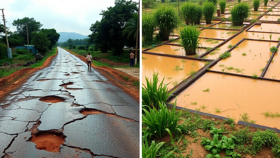 An illustration of the challenges for investors, like poor road networks and excessive rainfall clogging fields