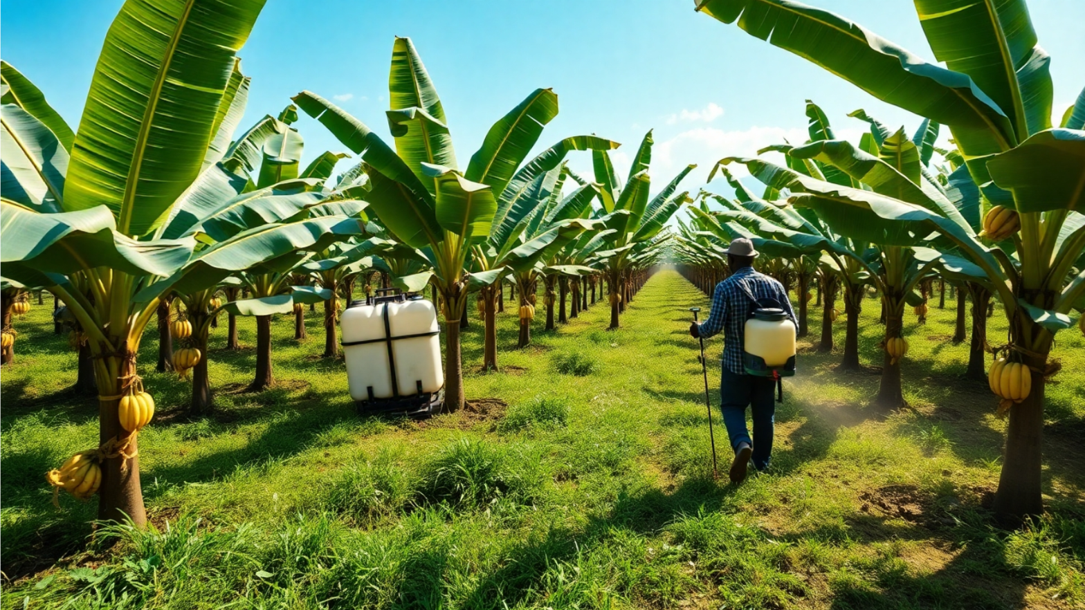 An illustration of a farmer conducting pest control in a banana plantation An illustration of a farmer conducting pest control in a banana plantation