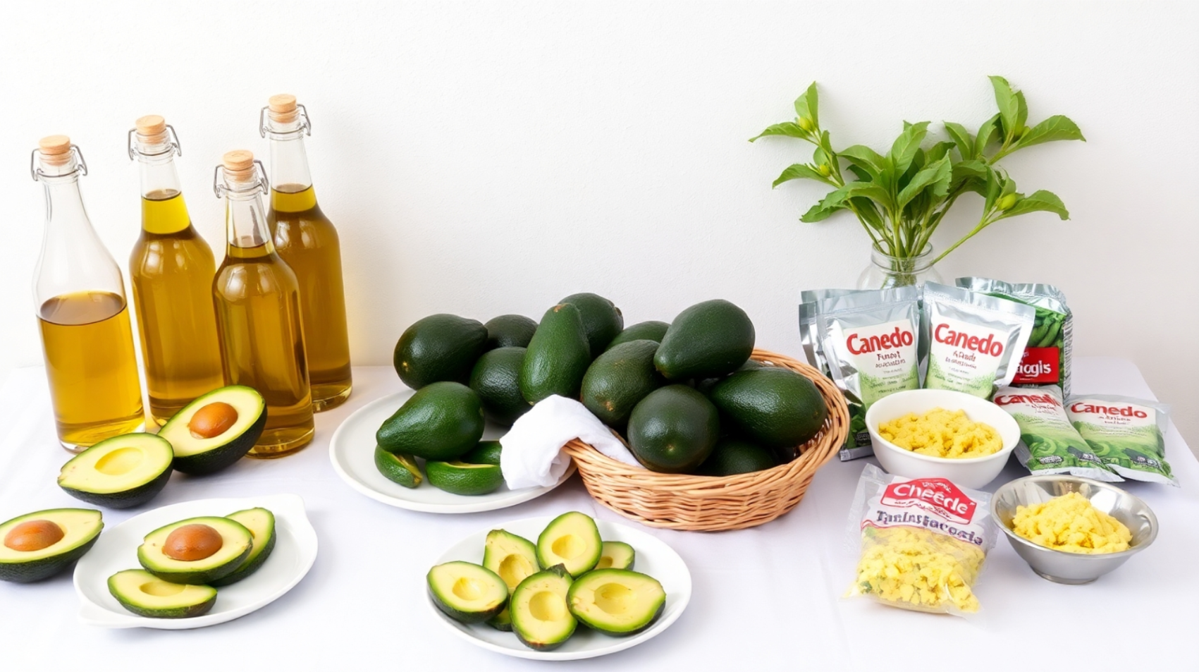 An illustration of value added avocado products like oils, pulps, slices etc.