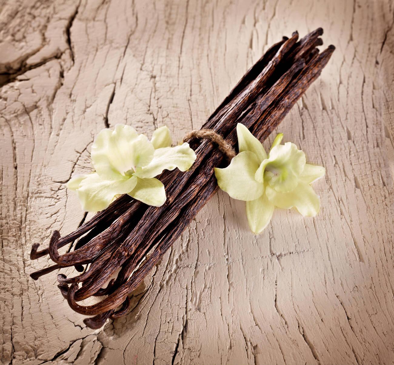 Bunch of vanilla sticks and flowers 