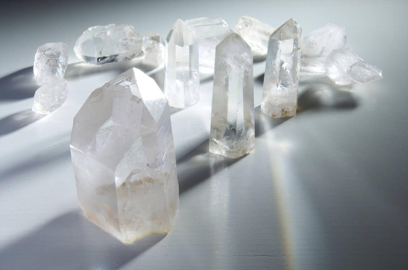 Different sizes of transparent quartz crystal together Different sizes of transparent quartz crystal together