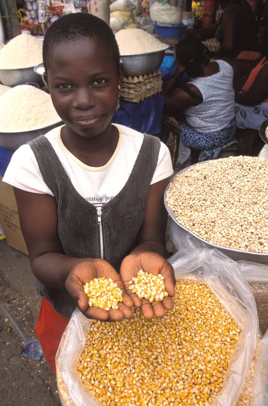 Ghanaian schoolgirl trying to sell local maize in Accra market Ghana