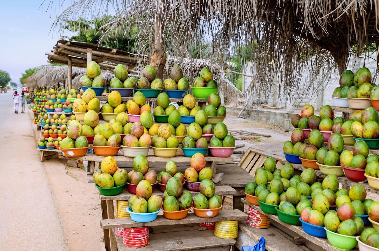 Stalls selling mango fruit in the mango region near Somanya in the Eastern Region of Ghana in West Africa Stalls selling mango fruit in the mango region near Somanya in the Eastern Region of Ghana in West Africa