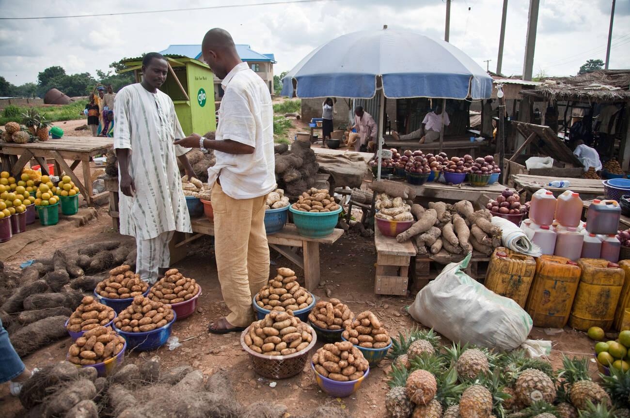 alamy_BE134M A man bargains for potatoes at a roadside market in Nigeria's Niger State.