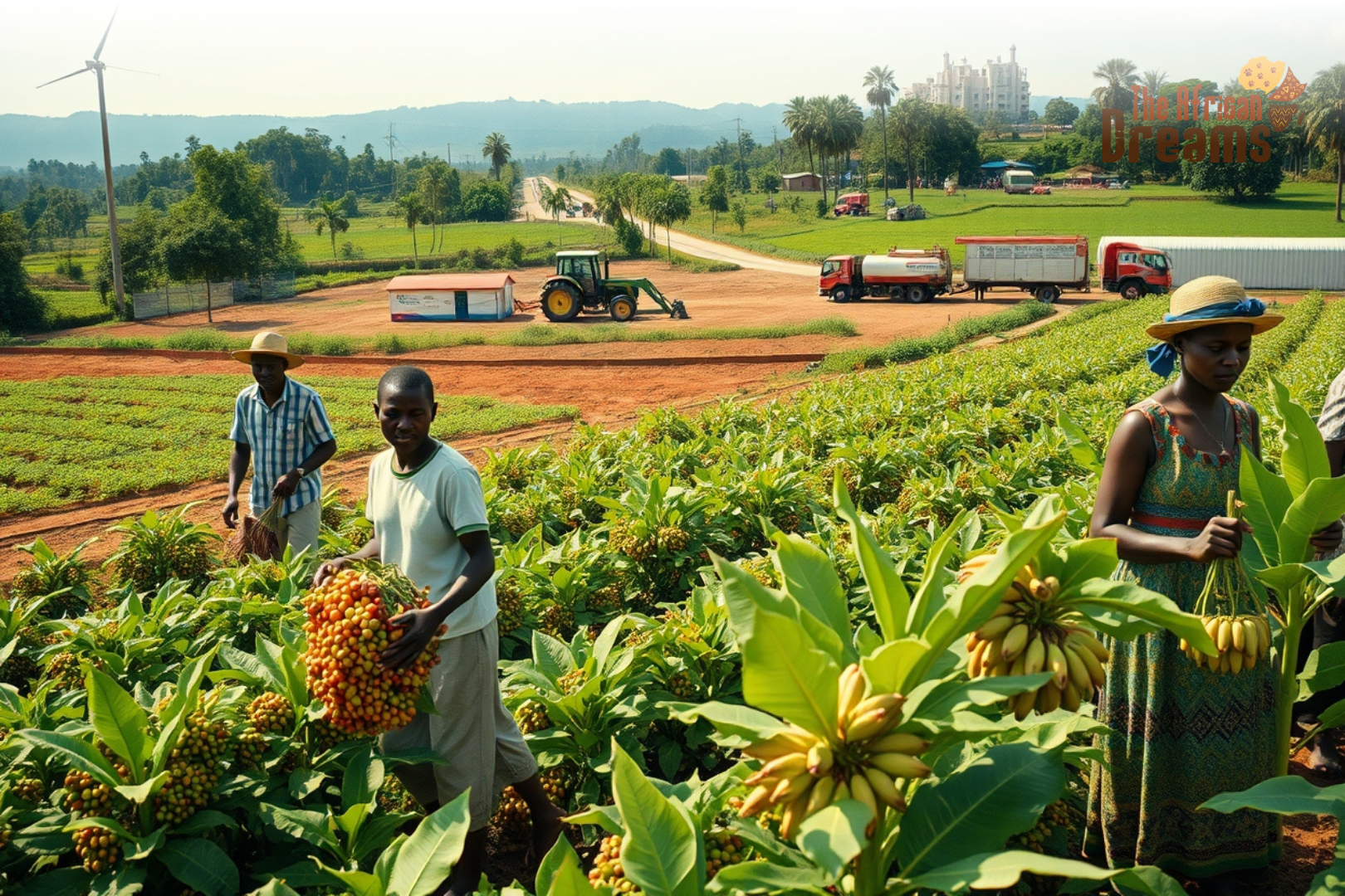 Farm workers harvest bananas in a tropical plantation with trucks and a tractor in the background.