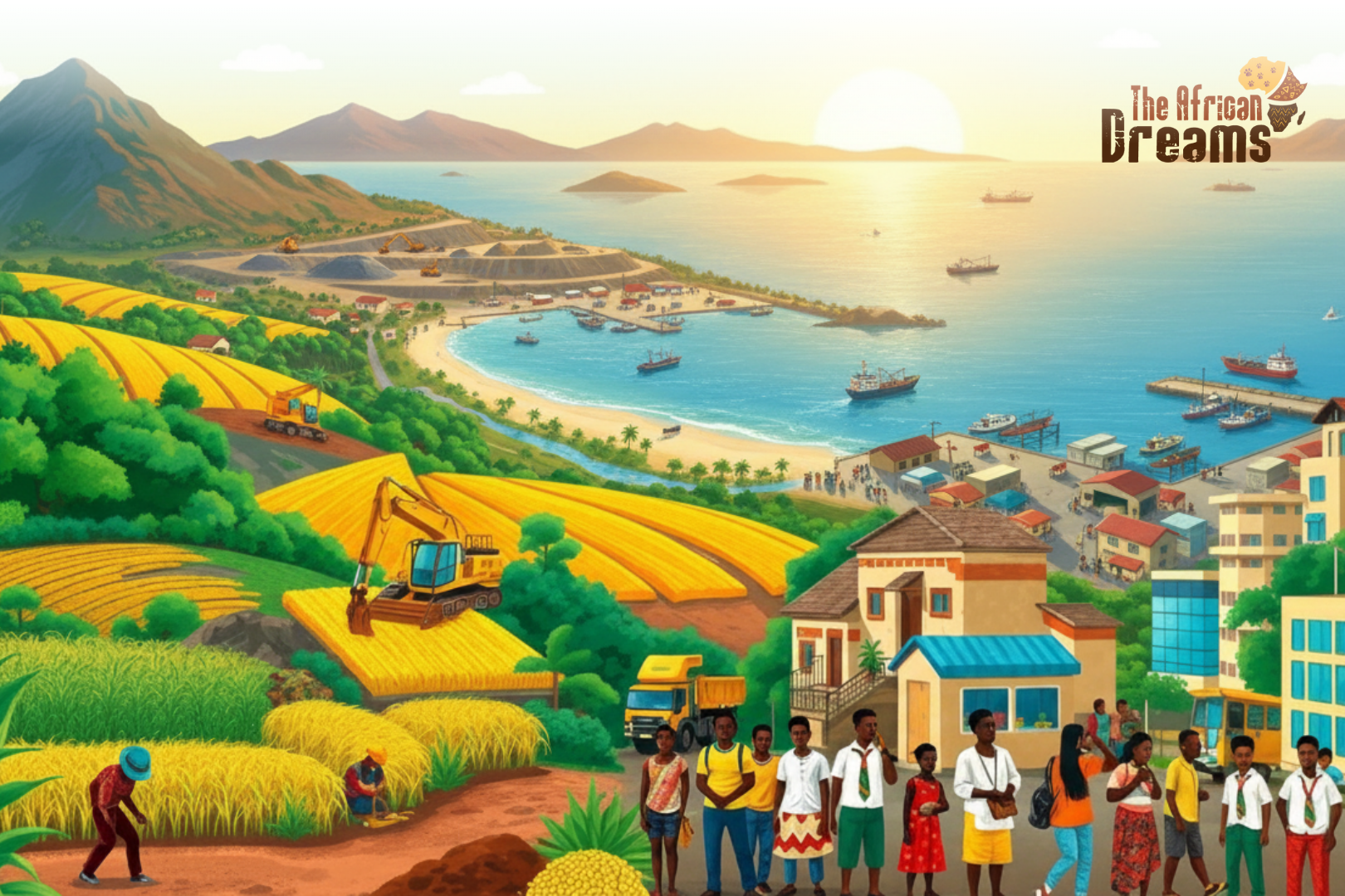 A bright, hopeful, and vibrant aerial view of Sierra Leone's coast at sunrise.