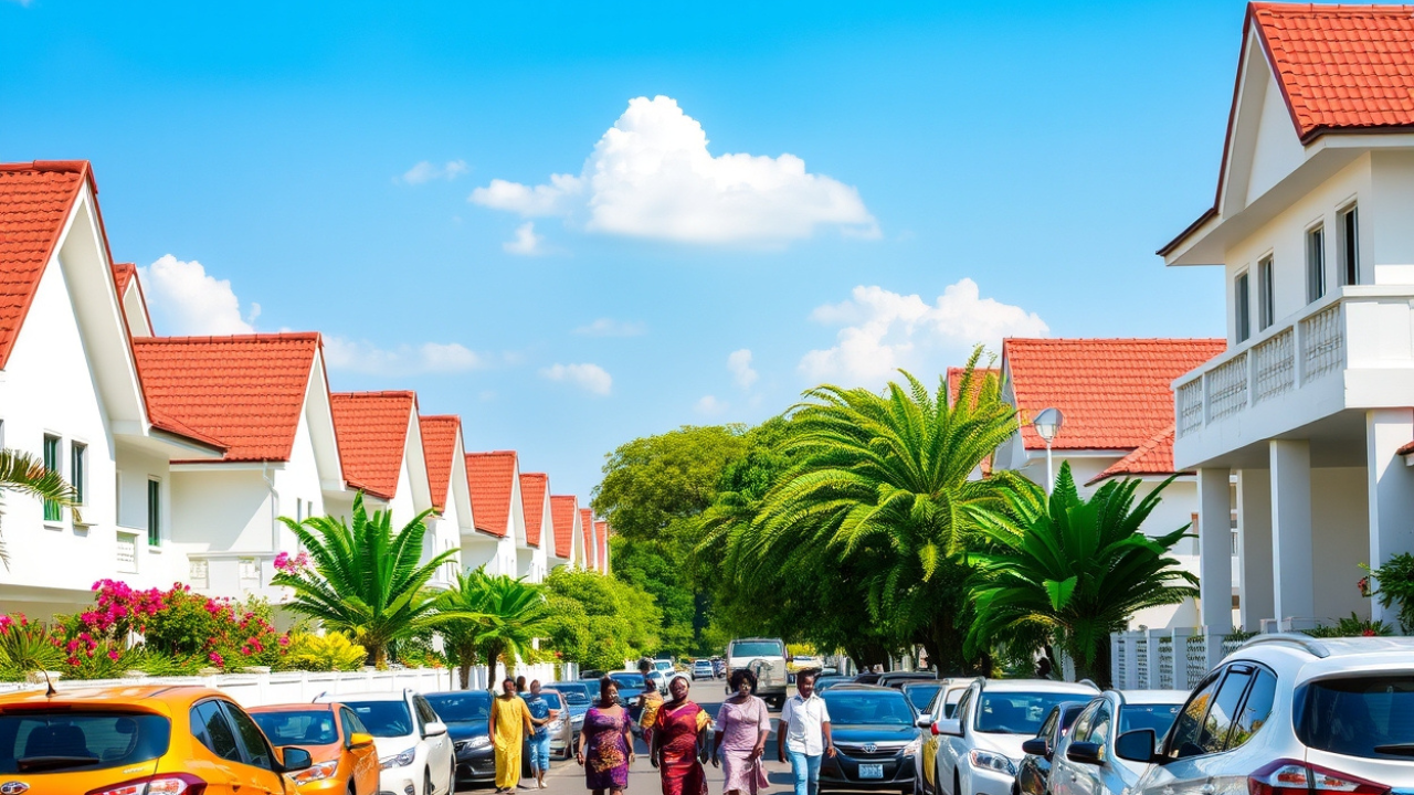 A street lined with housing, white houses with red roofs, and parked cars in Nigeria.