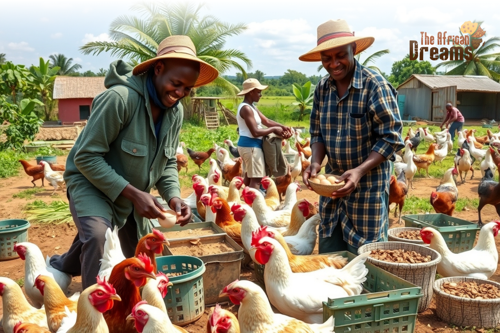 African farmers in Togo caring for chickens in a modern poultry farm, with free-range chickens, clean coops, and sunny rural surroundings, showing progress and community development African farmers in Togo caring for chickens in a modern poultry farm, with free-range chickens, clean coops, and sunny rural surroundings, showing progress and community development