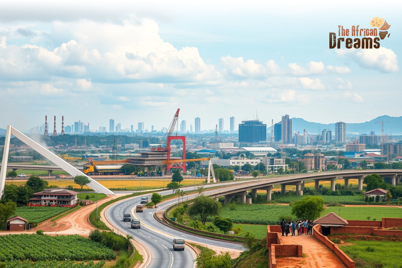 Illustration of Kinshasa and Lubumbashi with city skylines, mining operations, construction sites, farmlands, and tourists, representing Congo’s investment opportunities in mining, real estate, infrastructure, agriculture, and tourism