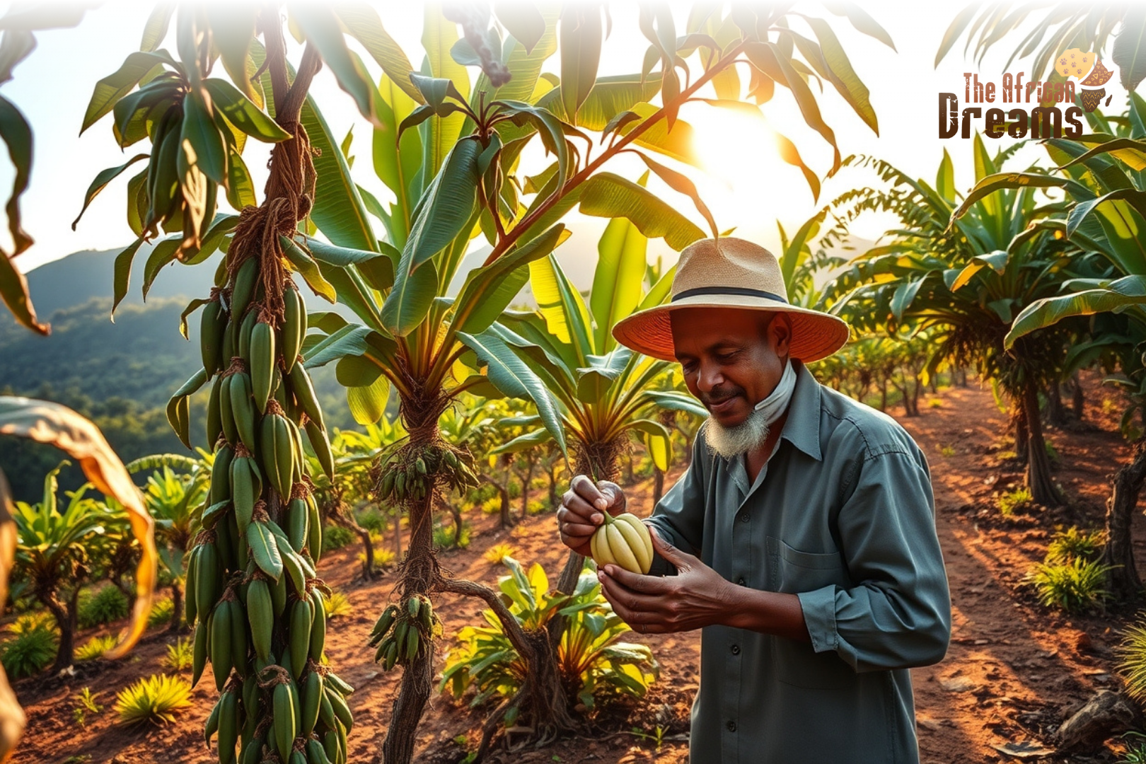 Comorian farmer hand-pollinating vanilla flowers on a lush tropical farm, with green vines climbing trees and volcanic hills in the background under warm sunlight dry vanilla pods, they are typically harvested from the orchid when they are fully mature