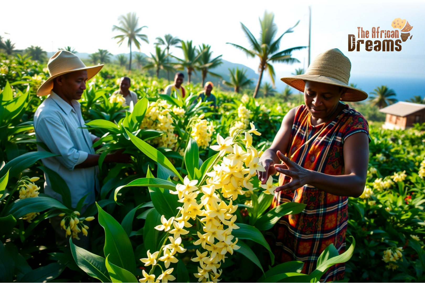 Comorian farmers harvesting ylang-ylang flowers in a lush tropical plantation with bright green trees, traditional distillation huts in the background, and sunny island scenery