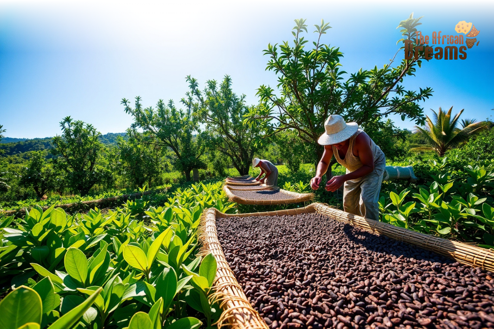 Lush clove plantations in Comoros with farmers harvesting and drying clove buds under the sun on a clear day