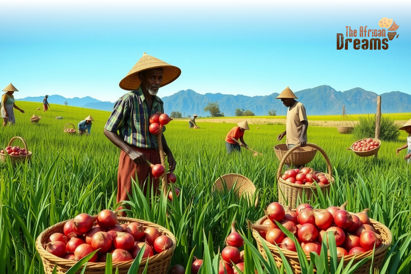 Farmers in rural Kenya harvesting onions in green fields while another farmer collects gum from an acacia tree, with baskets of red onions and distant hills under a bright blue sky.