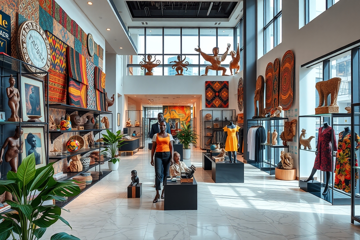 Modern interior retail space in Lagos with artistic displays and sculptures