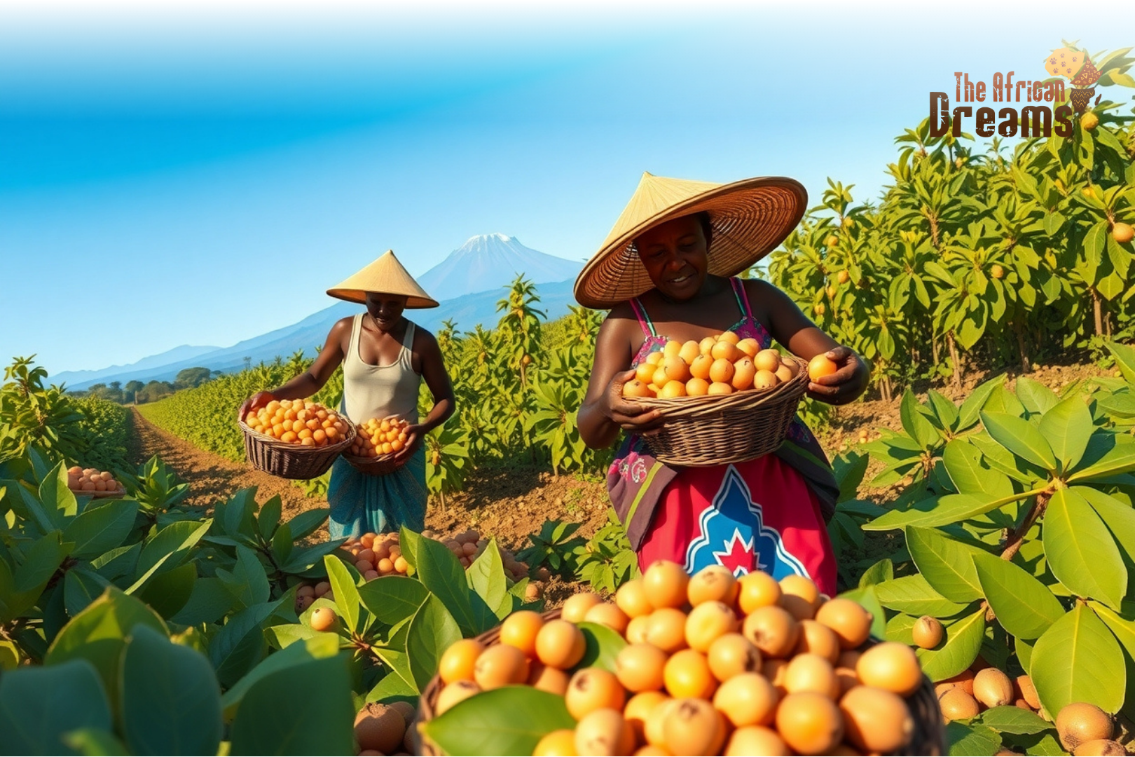Illustration depicting Kenyan farmers harvesting crops in a field.