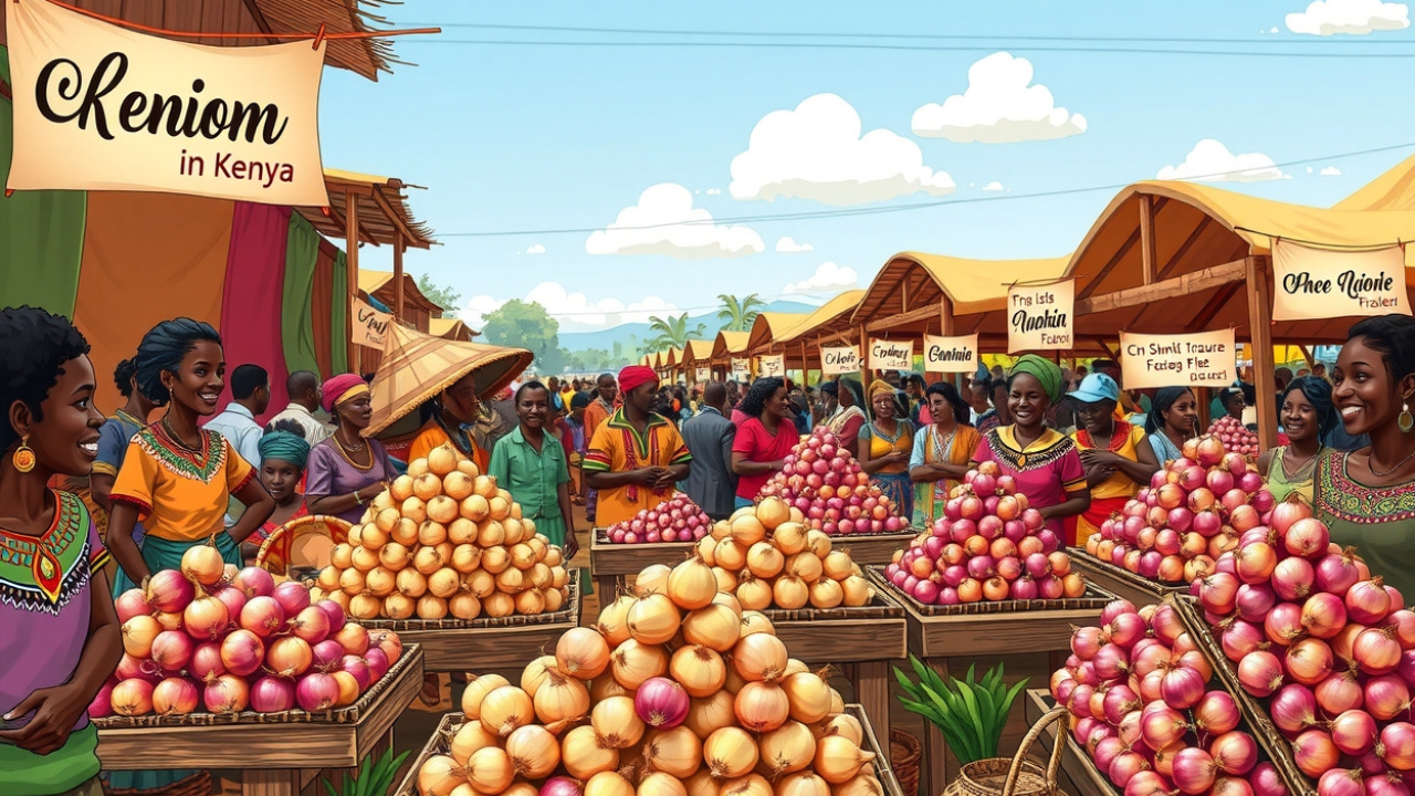 Illustration of a vibrant marketplace in Kenya where onions are being sold