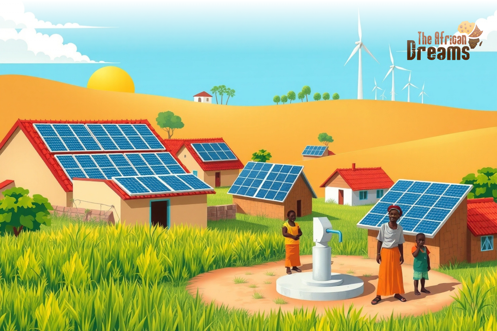 Illustration of people in Nigeria using renewable energy.