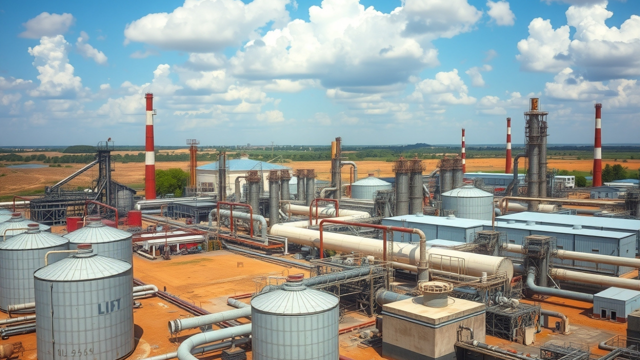 Industrial landscape showing a complex refinery with multiple structures in Nigeria.