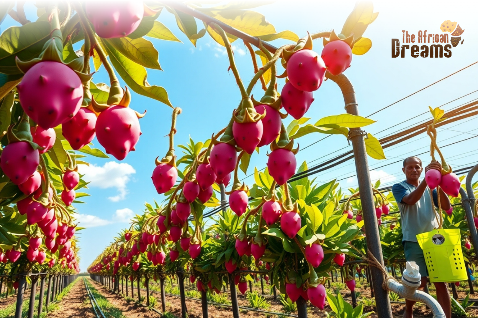 Dragon fruit farm in Kenya with rows of trellised cactus plants bearing ripe pink fruits, a farmer harvesting under a bright blue sky, and visible drip irrigation pipes, symbolizing modern profitable farming.