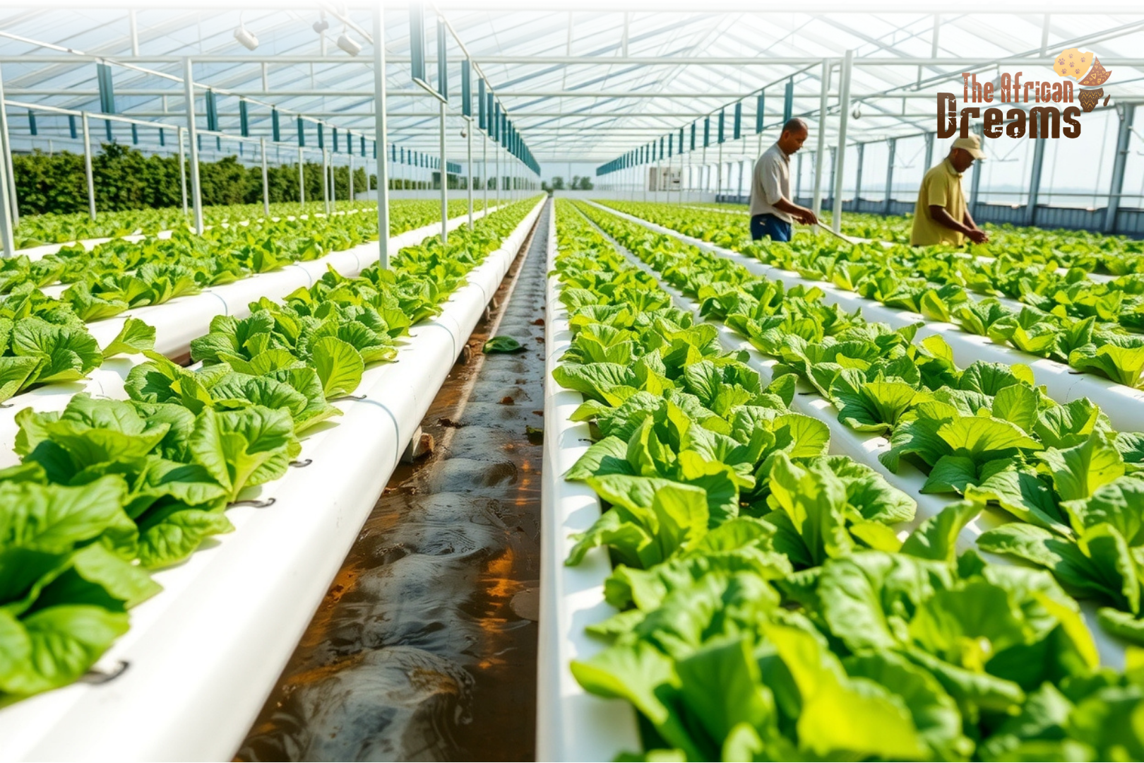 Kenya hydroponic farming Hydroponic farm in Kenya with rows of leafy greens growing in water channels inside a greenhouse, showcasing modern sustainable agriculture.