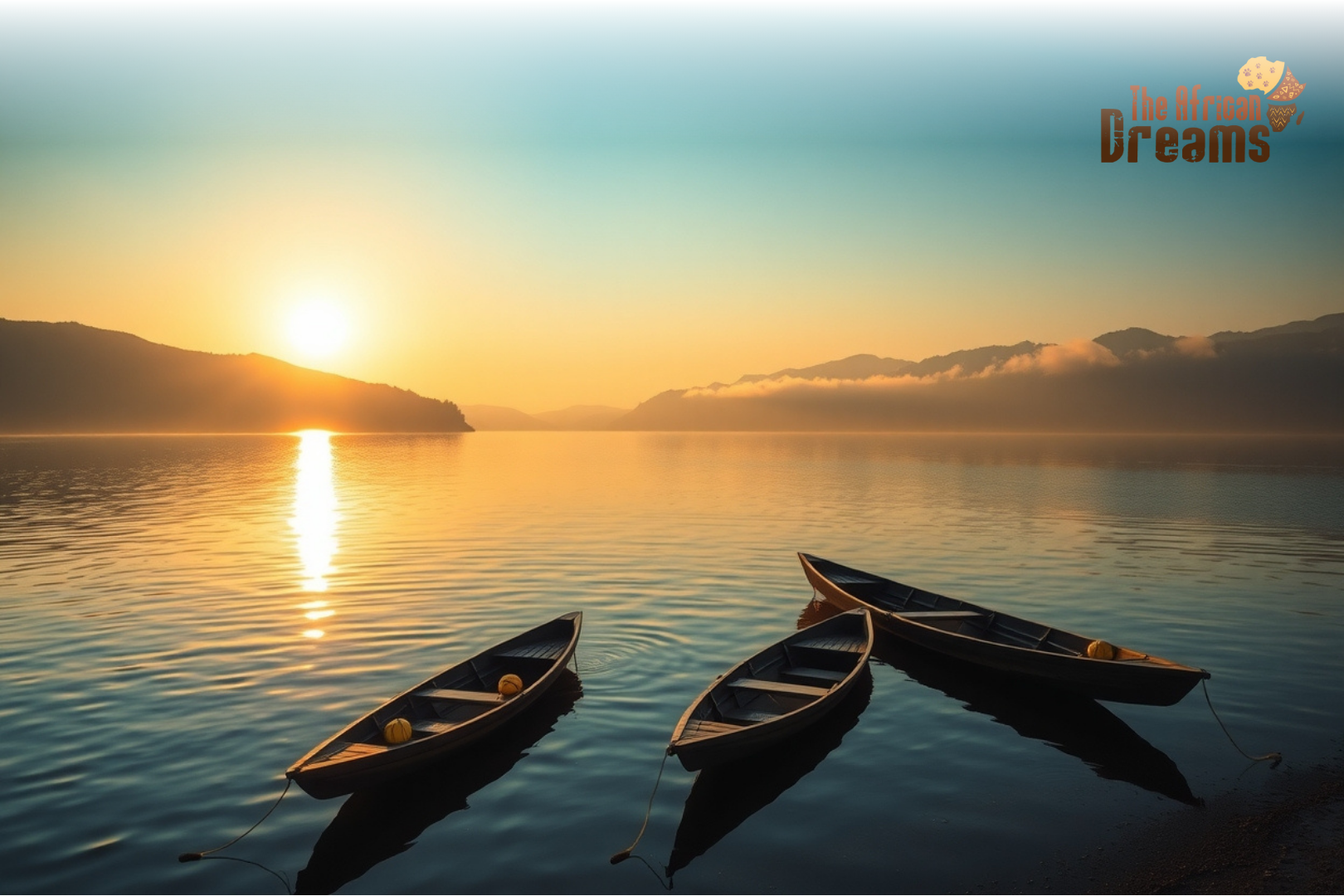 Lake Kivu Rwanda tourism Scenic view of Lake Kivu in Rwanda with calm blue waters, wooden fishing boats, and green hills under a soft sunrise.