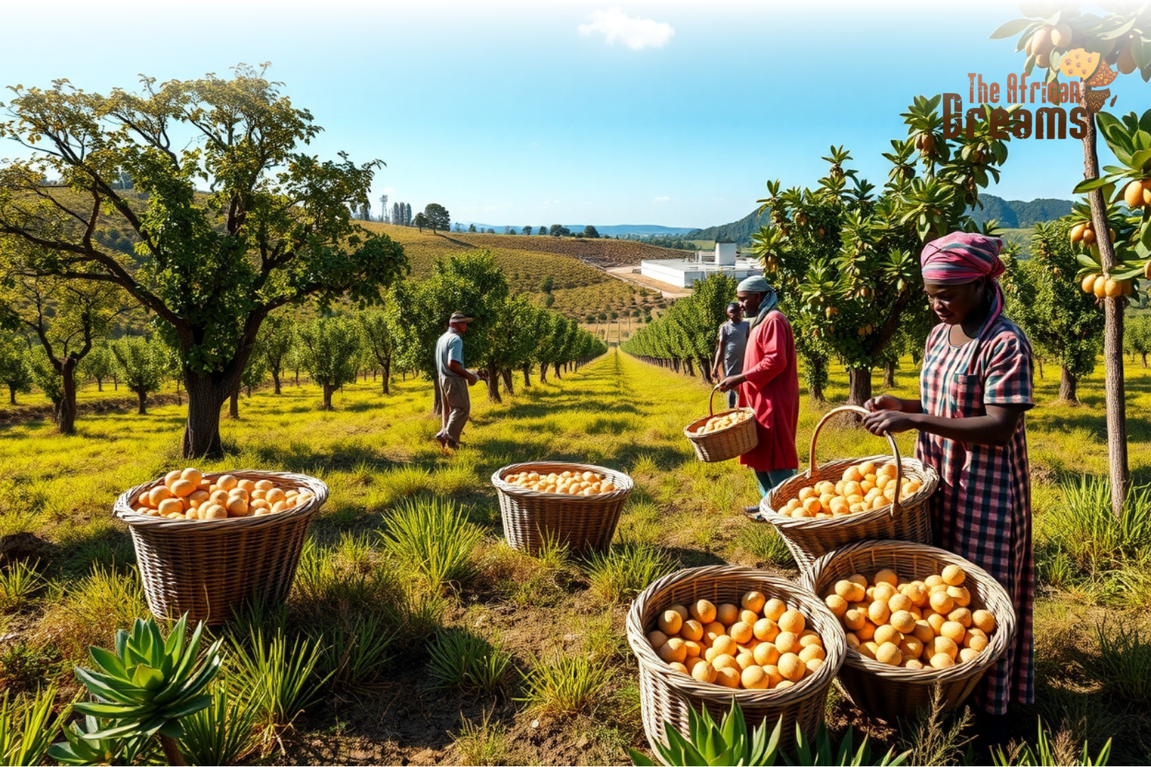 Macadamia Scenic view of macadamia farms in Malawi with farmers harvesting nuts, baskets of macadamias, and a processing facility in the background under a clear blue sky.