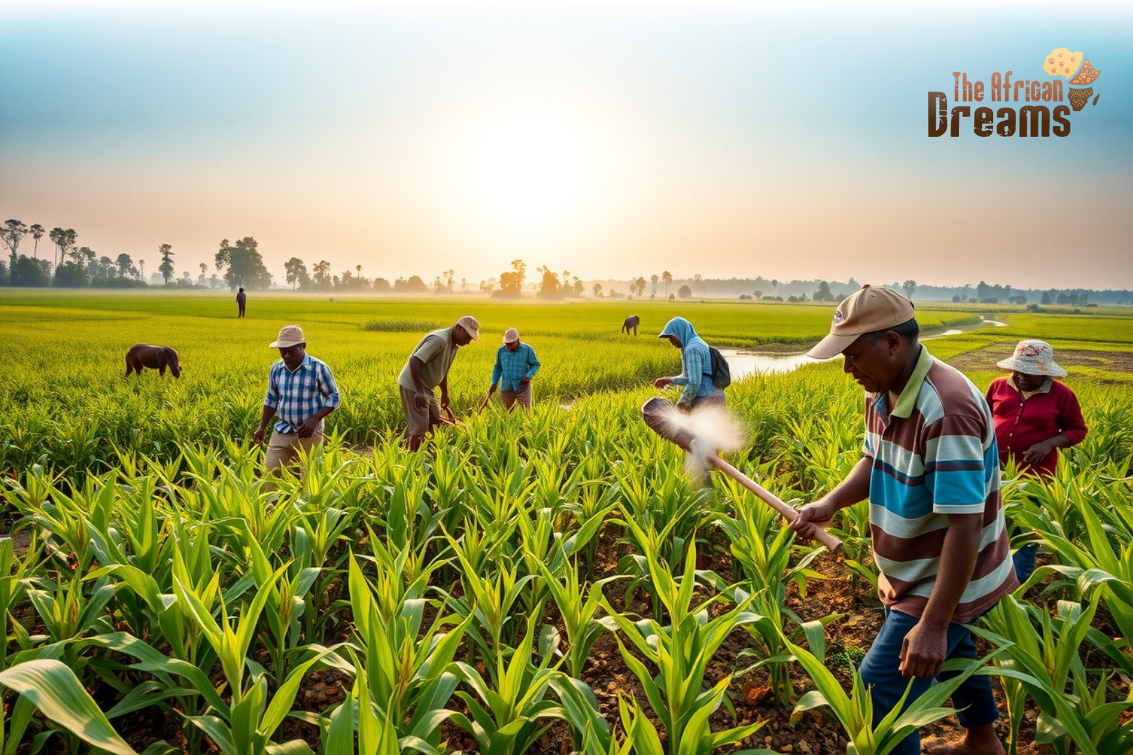 Malawi farmers working in green fields with maize and groundnuts, using both traditional tools and modern irrigation under a bright sunrise