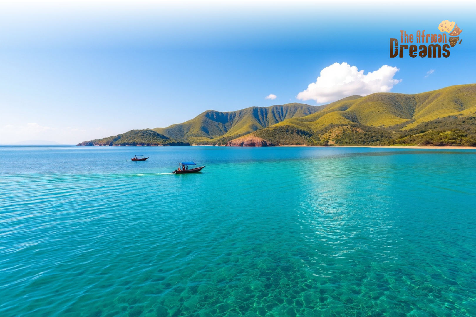 Scenic view of Lake Malawi with blue waters, green hills, and fishing boats under a bright sky, symbolizing tourism and investment opportunities in Malawi