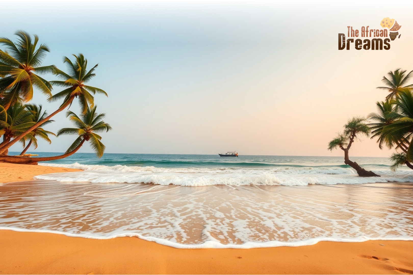 Peaceful view of Kotu Beach in The Gambia with golden sand, palm trees, and fishing boats on a calm ocean at sunrise.