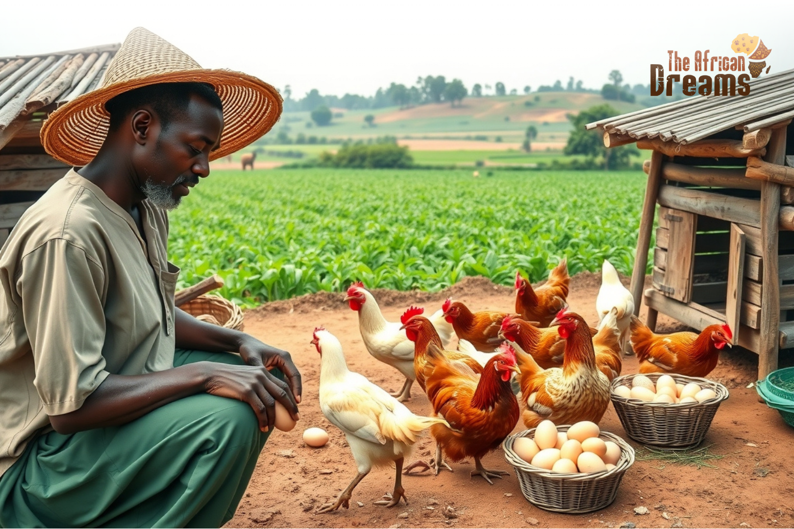 Poultry farming "West African farmer tending free-range chickens with baskets of fresh eggs on a rural Togo farm