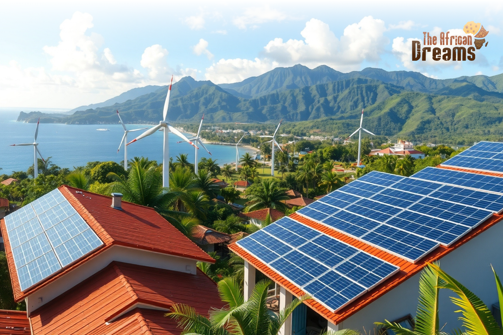Solar panels and wind turbines set against the lush green landscape and blue skies of Comoros, symbolizing the country’s shift toward renewable energy.