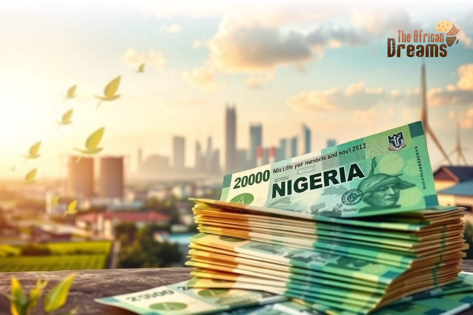 Stack of Nigerian Naira notes with city skyline, representing investment opportunities in Nigeria