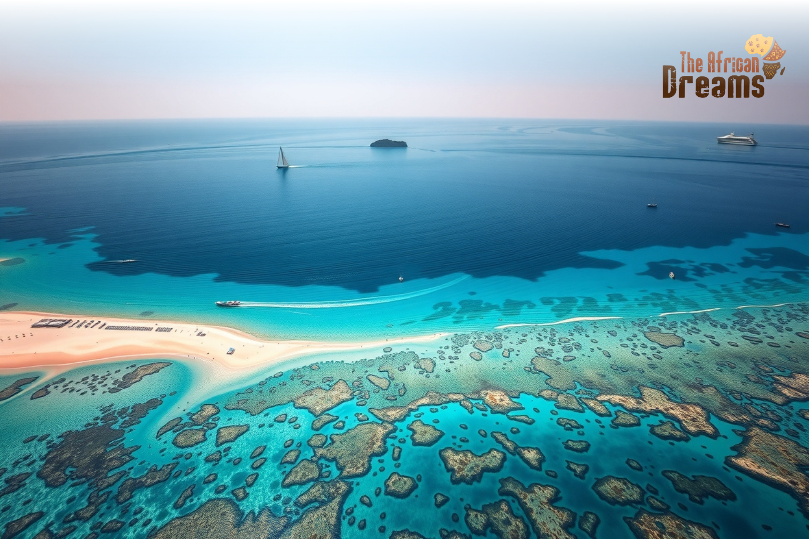 Stunning aerial view of the Eritrean Red Sea coastline with crystal-clear turquoise water, white sandy beaches