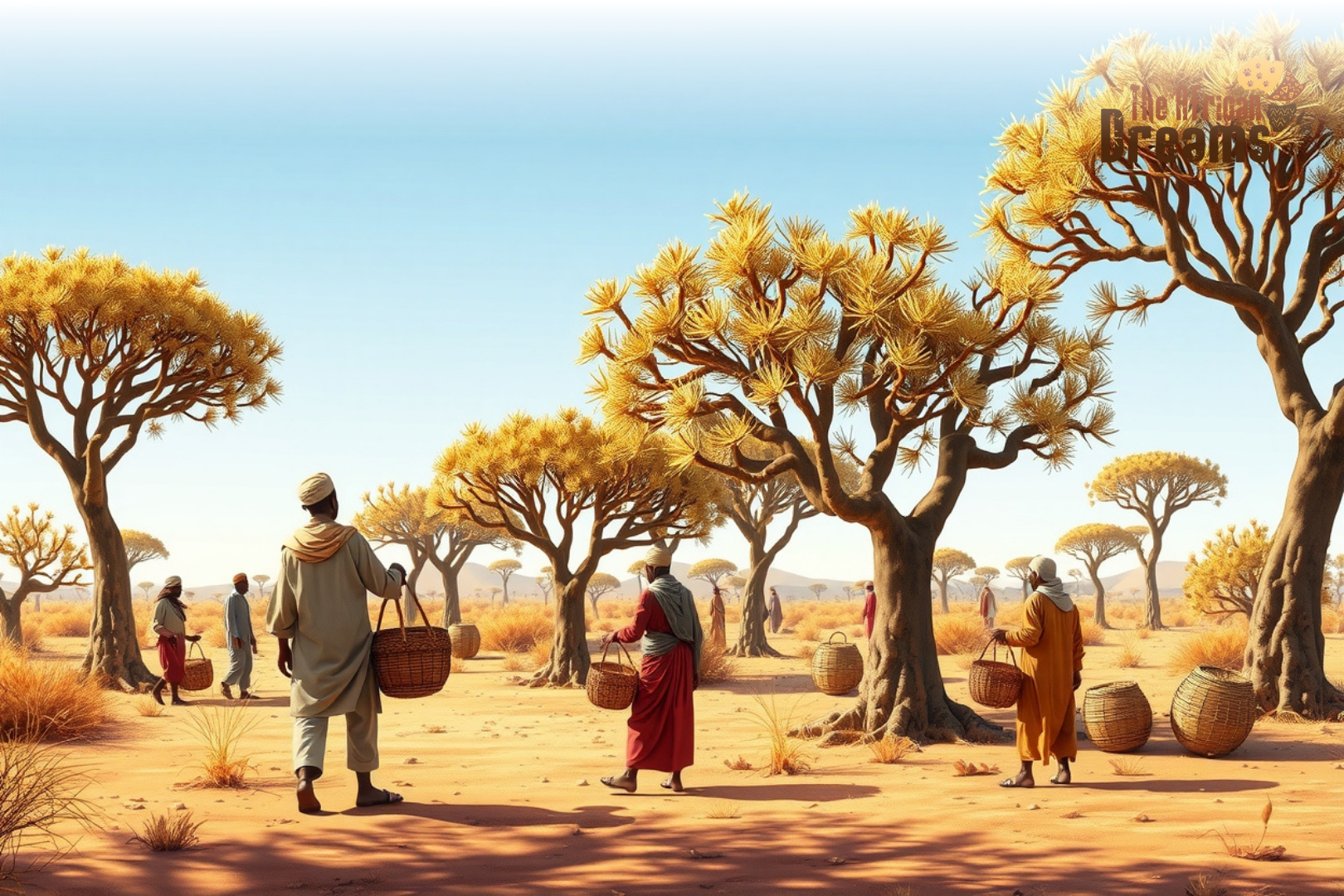 Sudanese farmers harvesting and collecting gum arabic from acacia trees in a semi-arid landscape under warm sunlight