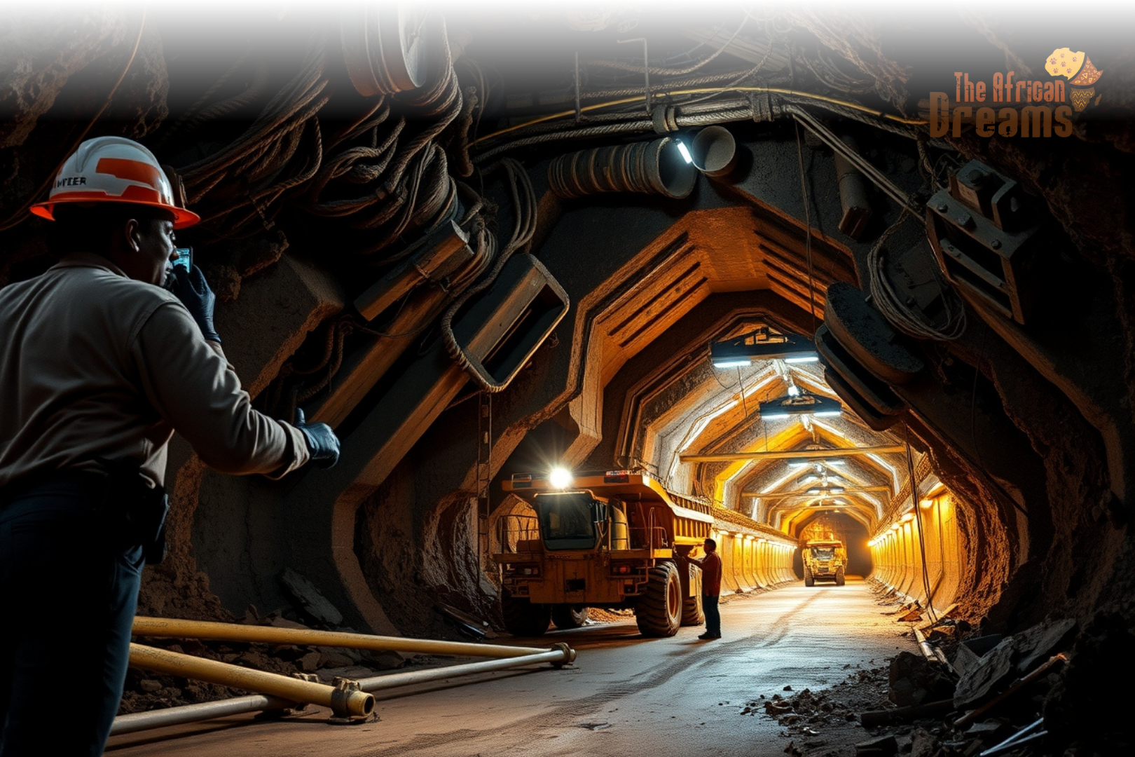 Underground platinum and gold mine in Zimbabwe with miners, equipment, and illuminated tunnels representing the country’s large-scale mining industry