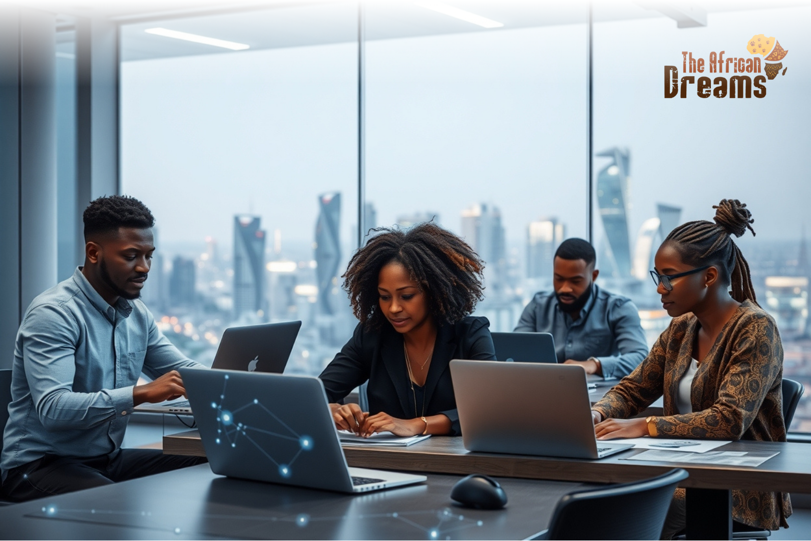 Young African developers working on laptops in a modern co-working space, symbolizing Togo’s growing tech and startup ecosystem Young African developers working on laptops in a modern co-working space, symbolizing Togo’s growing tech and startup ecosystem