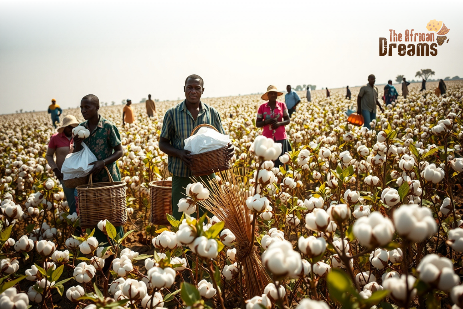 Zimbabwe’s Cotton Industry Zimbabwean farmers harvesting cotton in lush fields under clear skies, carrying baskets of freshly picked cotton.
