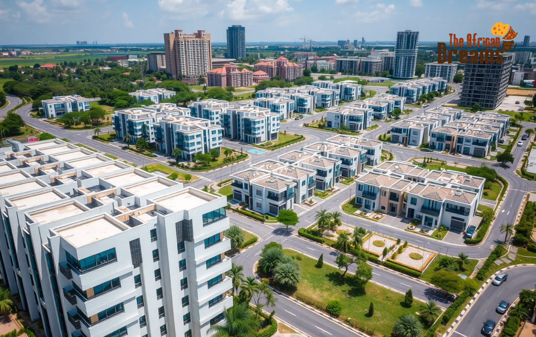 building pictures Aerial view of modern residential and commercial real estate development in Lagos, Nigeria. Show sleek apartment buildings, luxury gated housing estates with rows of townhouses, and a few high-rise office towers. Include landscaped greenery, clean streets, and signs of rapid urban growth to reflect strong investment opportunities. Bright daylight, professional and realistic photography style. No text.