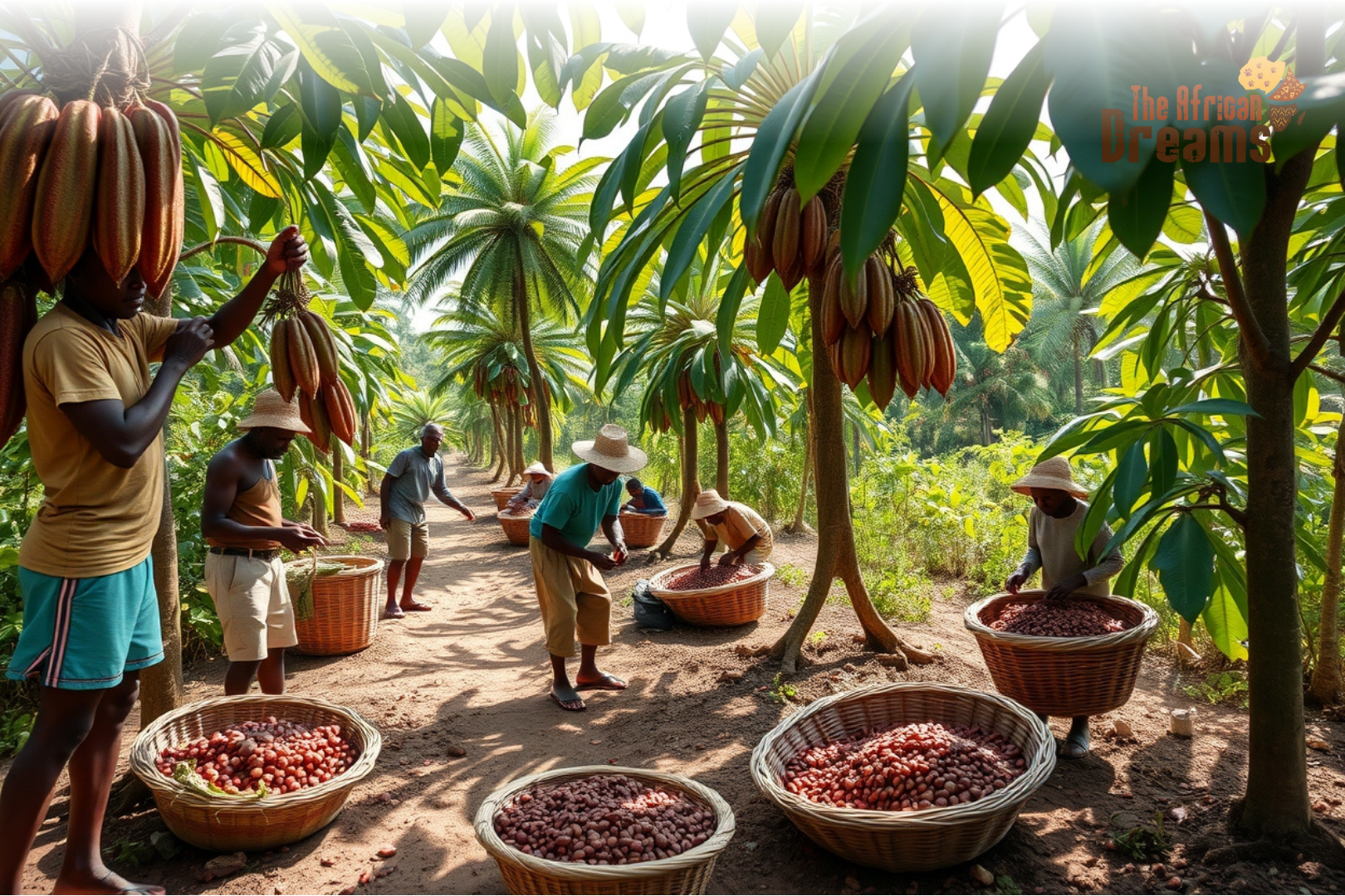 cocoa farming Cocoa farmers in Equatorial Guinea harvesting and sorting cocoa pods in a lush tropical plantation.