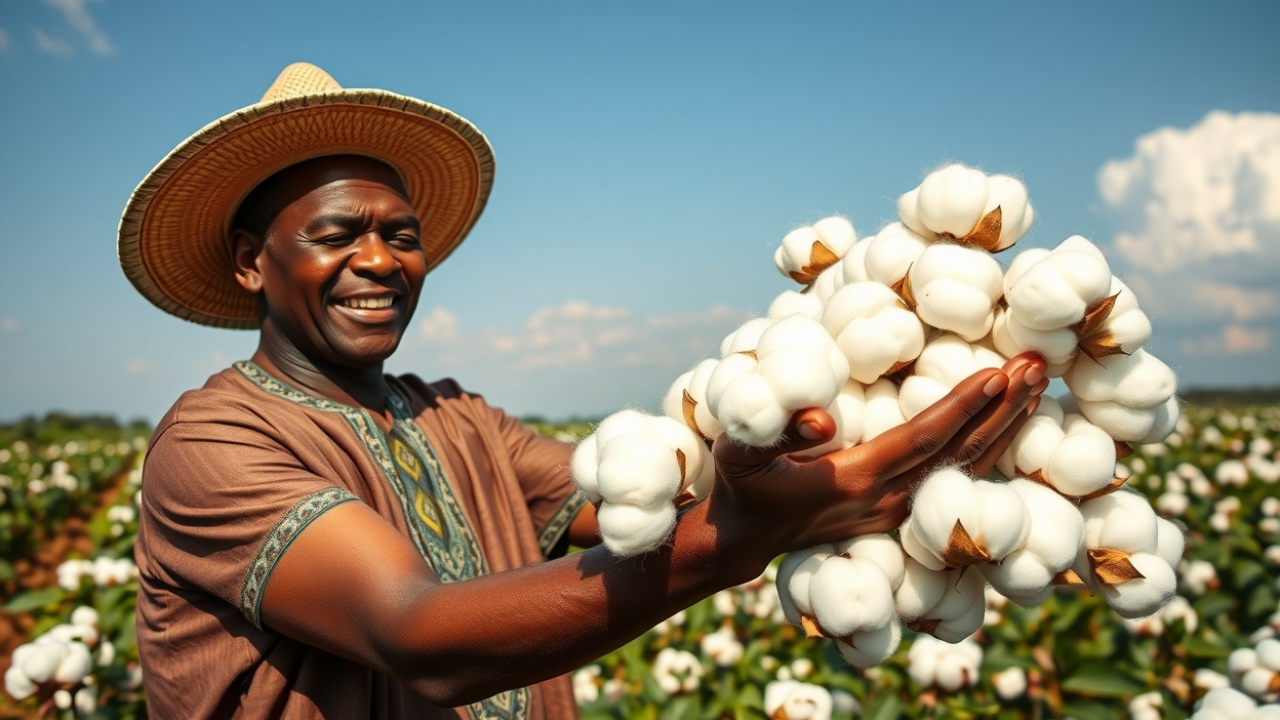 African man spreading freshly picked cotton under the sun in a rural Togo cotton field.