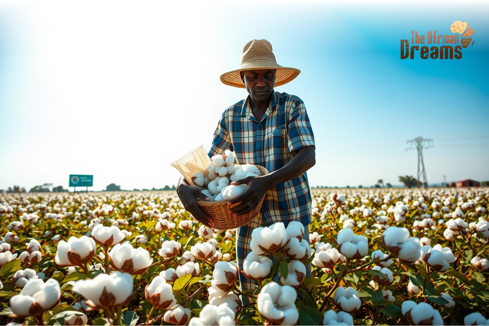 Togolese farmer harvesting cotton in a blooming cotton field with village huts in the background.